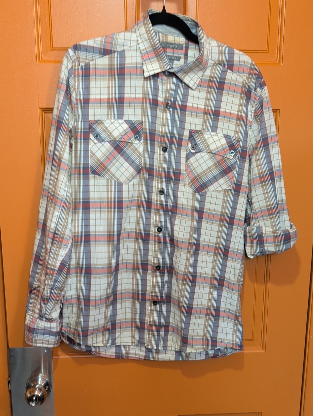 RW&CO. Men's Plaid Button-Down Shirt in Cream, Blue and Brown